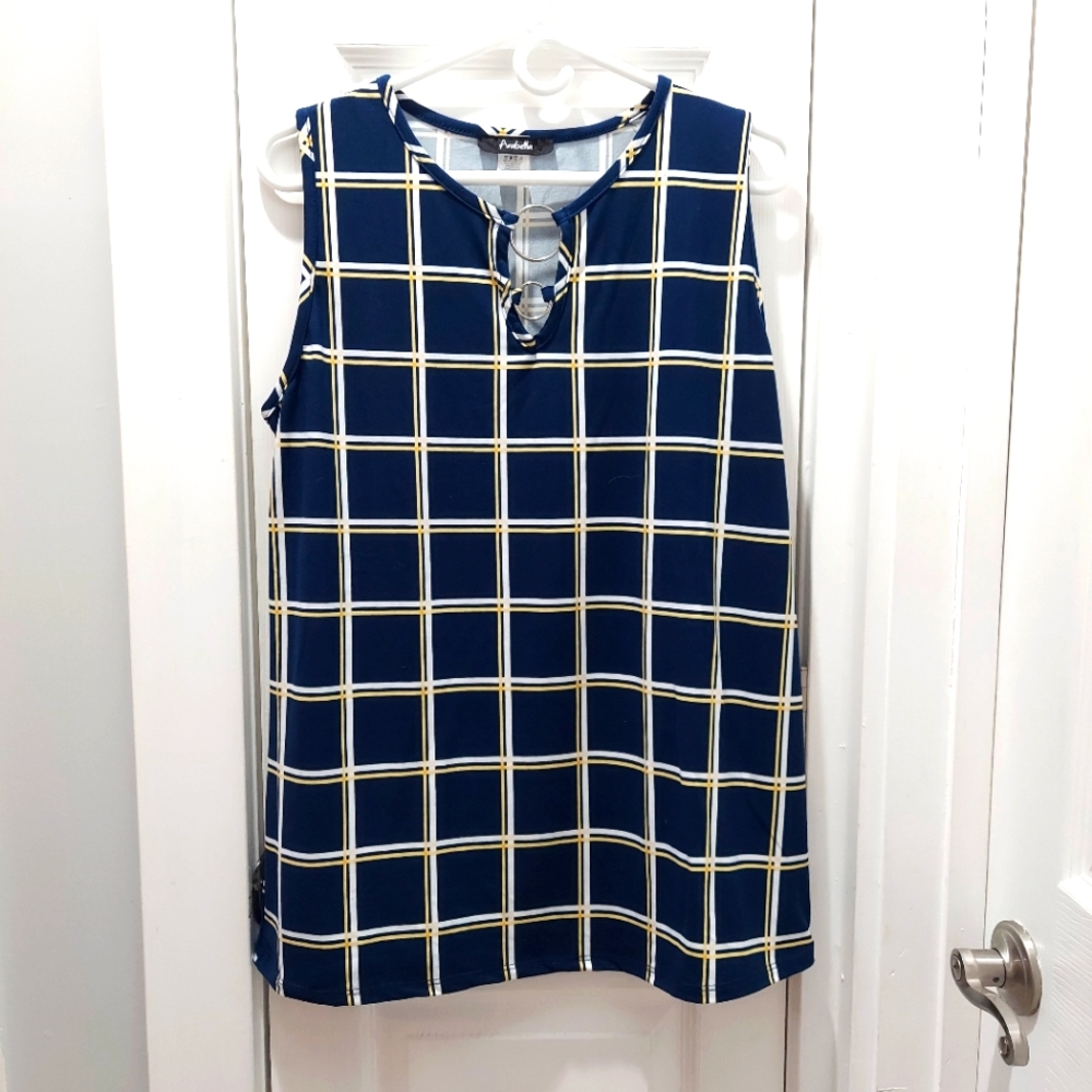 Arabella Top Blue White Soft Yellow Sleeveless Round Neckline Size 1X